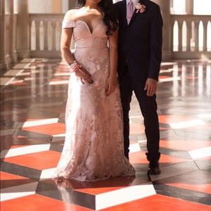 Pink Lace Bardot Off Shoulder prom Dress